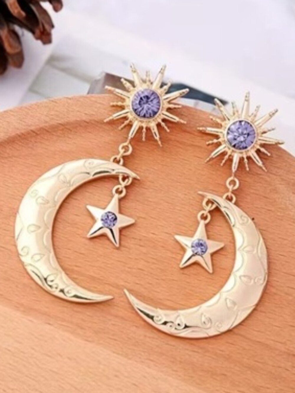 DESIGNER Celestial Gold Crescent Moon & Star Purple Crystal Earrings**NEW!
